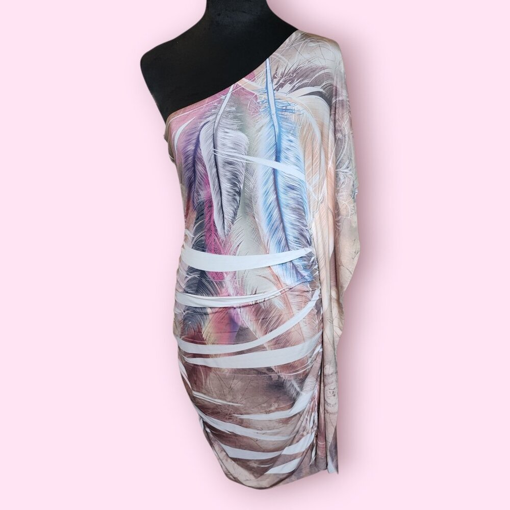 Vintage Dots one shoulder boho feather print Y2K dress size M